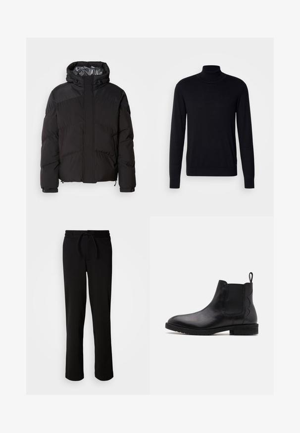 Schwarze Steppjacke mit Kapuze, horizontalen Nähten und glänzendem Innenfutter. Mit Kordelzügen am Saum und an den Manschetten zur Anpassung.; Schwarzer Rollkragenpullover aus weichem Stoff. Mit langen Ärmeln, geripptem Kragen und Bündchen, hat eine glatte Textur und keine Muster.; Schwarze Jogginghosen mit einem Kordelzugbund, hergestellt aus weichem, elastischem Material. Sie haben einen lockeren Schnitt mit geraden Beinen und keine sichtbaren Taschen.; Schwarze Leder-Chelsea-Stiefel mit elastischen Seitenteilen, runder Zehenpartie und einem niedrigen Blockabsatz. Mit einer Zuglasche hinten für einfaches Anziehen.