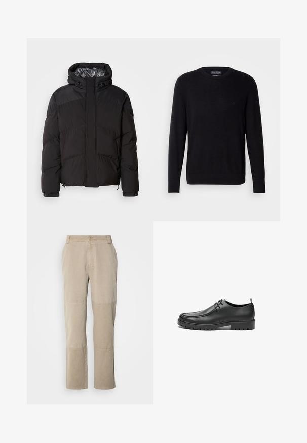 Schwarze Steppjacke mit Kapuze, horizontalen Nähten und glänzendem Innenfutter. Mit Kordelzügen am Saum und an den Manschetten zur Anpassung.; Schwarzer Strickpullover mit Rundhalsausschnitt, langen Ärmeln und gerippten Bündchen. Mit dezentem Logo auf der Brust. Weiche Stofftextur.; Beige Baumwoll-Twill-Hosen mit geradem Bein, ausgestattet mit genähten Knie-Akzenten und einem Knopfverschluss an der Taille.; Schwarze Lederschuhe mit glatter Oberfläche, runder Zehenform und dekorativer Naht. Mit einer Gummisohle mit Traktionsrillen und Schnürdesign.