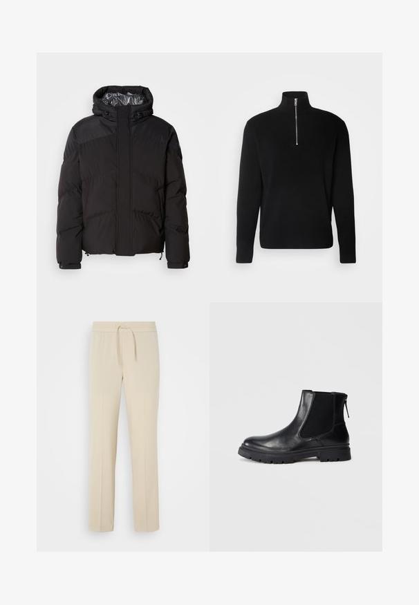 Sort pufferjakke med hætte, horisontale syninger og en blank inderside. Indeholder snoretræk ved kanten og ærmerne til justering.; Lindbergh HALF ZIP RIB KNIT - Striktrøje - black; Beige, elastisk taljebukser med snoretræk. Har lige ben og en glat tekstur, velegnet til afslappet brug eller afslapning.; Sort læderankelstøvle med en glat overflade, elastiske mesh-sider og en robust sål med synligt mønster.