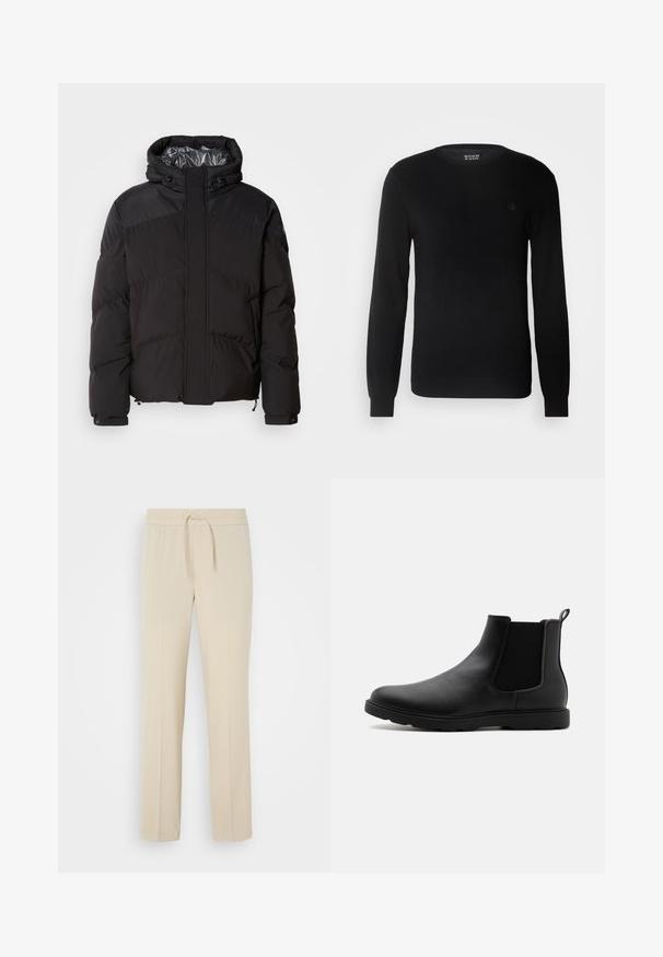 Schwarze Steppjacke mit Kapuze, horizontalen Nähten und glänzendem Innenfutter. Mit Kordelzügen am Saum und an den Manschetten zur Anpassung.; Schwarzer Strickpullover mit Rundhalsausschnitt, langen Ärmeln und kleinem gesticktem Logo auf der Brust. Weicher Griff und taillierte Passform.; Beige, elastische Hosen mit einem Kordelzug. Sie haben gerade Beine und eine glatte Textur, geeignet für Freizeit oder Entspannung.; Schwarze Leder-Chelsea-Stiefel mit elastischen Seitenpaneelen, einem Zugband und einer robusten Gummisohle. Glatte Textur und elegantes Design.