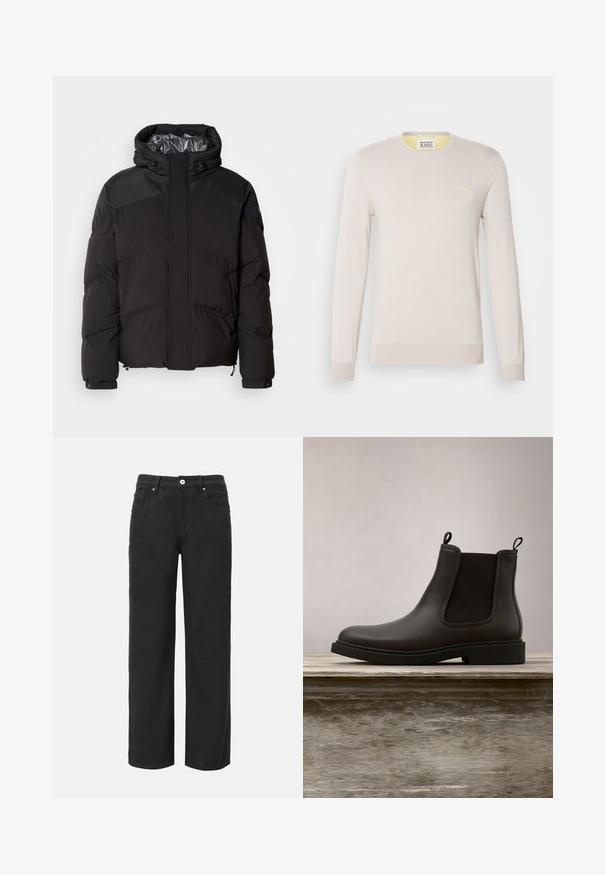 Schwarze Steppjacke mit Kapuze, horizontalen Nähten und glänzendem Innenfutter. Mit Kordelzügen am Saum und an den Manschetten zur Anpassung.; Hellbeige Strickpullover mit langen Ärmeln, rundem Ausschnitt und dezenten gerippten Bündchen. Verfügt über ein kleines goldenes Logo auf der Brust.; Schwarze weit geschnittene Baumwollhosen mit vier Taschen, Frontknopfverschluss und klassischem Jeansdesign. Glatte Textur, ohne sichtbare Muster.; Schwarze Chelsea-Boots aus Leder mit elastischen Seitenpaneelen und Zuglaschen, die über einer holzernen Bank im Freien mit einem Hintergrund aus Gras schweben.