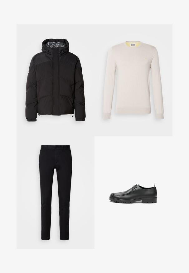 Sort pufferjakke med hætte, horisontale syninger og en blank inderside. Indeholder snoretræk ved kanten og ærmerne til justering.; Lys beige strikket sweater med lange ærmer, rund halsudskæring og subtile ribbede manchetter. Har et lille guld logo på brystet.; Sorte bukser lavet af glat bomuldsstof, med en lige ben design, forlommer, en knaplukning og en ren finish.; Sorte lædersko med en glat overflade, rund tå og dekorativ stikning. Har en gummisål med skridsikre spor og snørebåndsdesign.
