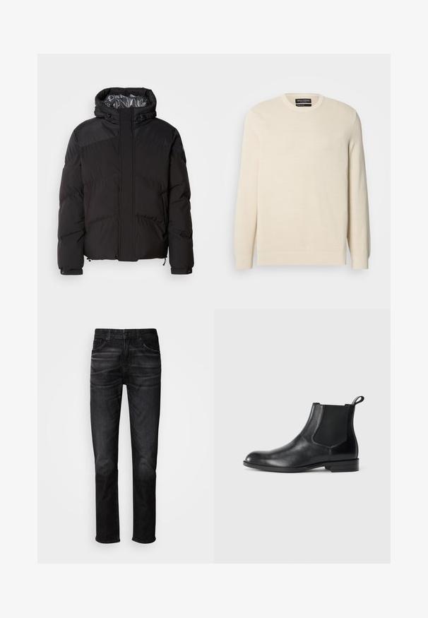 Schwarze Steppjacke mit Kapuze, horizontalen Nähten und glänzendem Innenfutter. Mit Kordelzügen am Saum und an den Manschetten zur Anpassung.; Hellbeiger gestrickter Pullover mit Rundhalsausschnitt, langen Ärmeln und einem dezenten strukturierten Muster. Verfügt über ein Brustemblem und einen gerippten Saum.; Schwarze Jeans aus Denim mit geradem Schnitt, fünf Taschen, dezentem Used-Look und Knopfverschluss. Klassischer Stil, geeignet für legere Trageanlässe.; Schwarze Leder-Stiefelette mit elastischen Seiteneinsätzen, abgerundeter Zehenpartie und einem Zugschlauf. Glatte Textur, flache Sohle, minimalistisches Design.