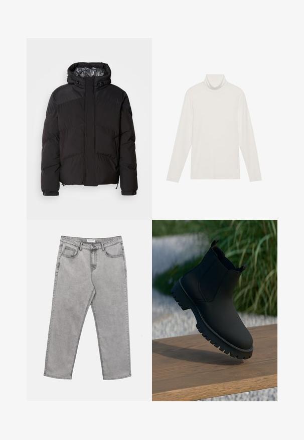 Schwarze Steppjacke mit Kapuze, horizontalen Nähten und glänzendem Innenfutter. Mit Kordelzügen am Saum und an den Manschetten zur Anpassung.; Langarm-Turtleneck-Oberteil in Weiß. Weicher, dehnbarer Stoff mit einer engen Passform. Verfügt über einen hohen Kragen und minimale Nahttäuschungen.; Hellgraue Jeans aus Denim mit vorderer Knopfleiste und Reißverschluss, Gürtelschlaufen und fünf Taschen, flach auf weißem Hintergrund liegend.; Schwarze Knöchelstiefel mit glattem Finish, elastischen Seitenpanelen und einer dicken, robusten Sohle. Vor einem natürlichen Hintergrund auf einer Holzoberfläche platziert.