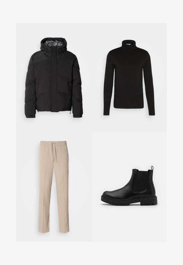Schwarze Steppjacke mit Kapuze, horizontalen Nähten und glänzendem Innenfutter. Mit Kordelzügen am Saum und an den Manschetten zur Anpassung.; Schwarz, langärmliges Turtleneck-Shirt aus einem glatten Stoff mit figurnaher Passform und hohem, enganliegendem Kragen. Keine sichtbaren Muster oder Akzente.; Beige, locker sitzende Hosen aus weichem Stoff, mit einem elastischen Bund und Kordelzug sowie geraden Beinen mit minimalen Akzenten.; Zign LEATHER - Stiefelette - black