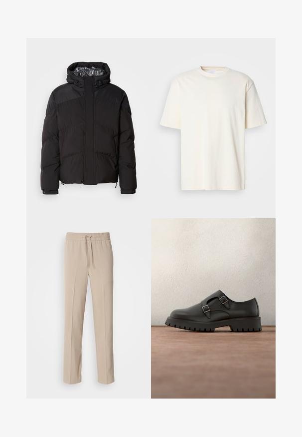 Doudoune noire avec capuche, coutures horizontales et doublure intérieure brillante. Comprend des cordons de serrage à l'ourlet et aux poignets pour un ajustement.; T-shirt uni à col rond, à manches courtes, de couleur blanc cassé, design unisexe, présenté sur un fond gris neutre.; Pantalons beiges, coupe décontractée, fabriqués en tissu doux, dotés d'une taille élastique avec cordon de serrage et de jambes droites avec des accents minimalistes.; Chaussure en cuir noir avec double boucle, pointe arrondie et semelle épaisse en caoutchouc texturé. Design minimaliste avec intérieur bleu contrastant.