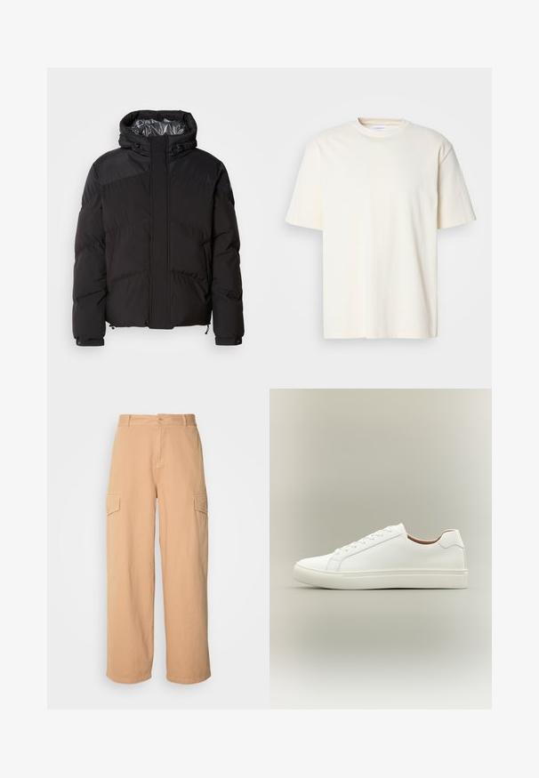 Schwarze Steppjacke mit Kapuze, horizontalen Nähten und glänzendem Innenfutter. Mit Kordelzügen am Saum und an den Manschetten zur Anpassung.; Ein einfarbiges, off-white T-Shirt mit kurzen Ärmeln und Rundhalsausschnitt, unisex Design, auf einem neutralen grauen Hintergrund präsentiert.; Beige weit geschnittene Cargo-Hose aus leichtem Stoff, mit zwei Seiten Taschen und einem Knopfverschluss an der Taille. Sanfte Textur.; Weißer Sneaker mit niedrigem Schaft, Schnürverschluss und flacher Sohle, seitlich auf neutralem Hintergrund gezeigt.