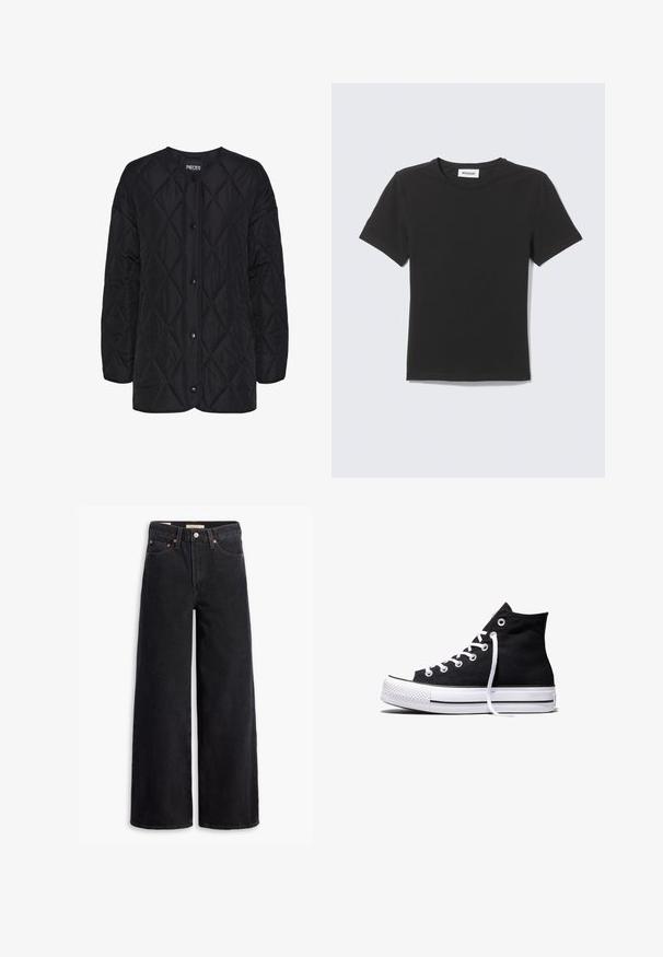 Schwarze gesteppte Jacke mit rundem Ausschnitt, vorderen Druckknopfverschlüssen und einem Rautenmuster. Kurze Ärmel und lockere Passform.; Schwarzes kurzärmeliges T-Shirt mit Rundhalsausschnitt, flach liegend mit kleinem weißem Etikett innen im Kragen vor hellem Hintergrund.; Schwarze weite Jeans aus Denim mit fünf Taschen, Kupferrivets und einem klassischen Knopfverschluss. Glatte Textur mit einem klaren Design.; Schwarzer High-Top-Canvas-Sneaker mit weißer Gummisohle und weißen Schnürsenkeln, seitlich dargestellt vor weißem Hintergrund.