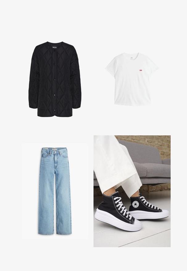 Sort quiltet jakke med rund halsudskæring, frontknaplukninger og diamantmønstret tekstur. Korte ærmer og afslappet pasform.; Hvid bomuld T-shirt med korte ærmer og rund hals. Har en lille rød Levi's-logo på venstre bryst. Glat tekstur.; Højtaljede, lyseblå, vide bukser med knap og lynlås fortil, bæltestropper og fem lomme-stil.; Sorte sneakers med højt skaft, hvide gummisåler og snørebånd. Har en rund logo-patch og kontrasterende hvide syninger. Fremstillet af lærredsmateriale.