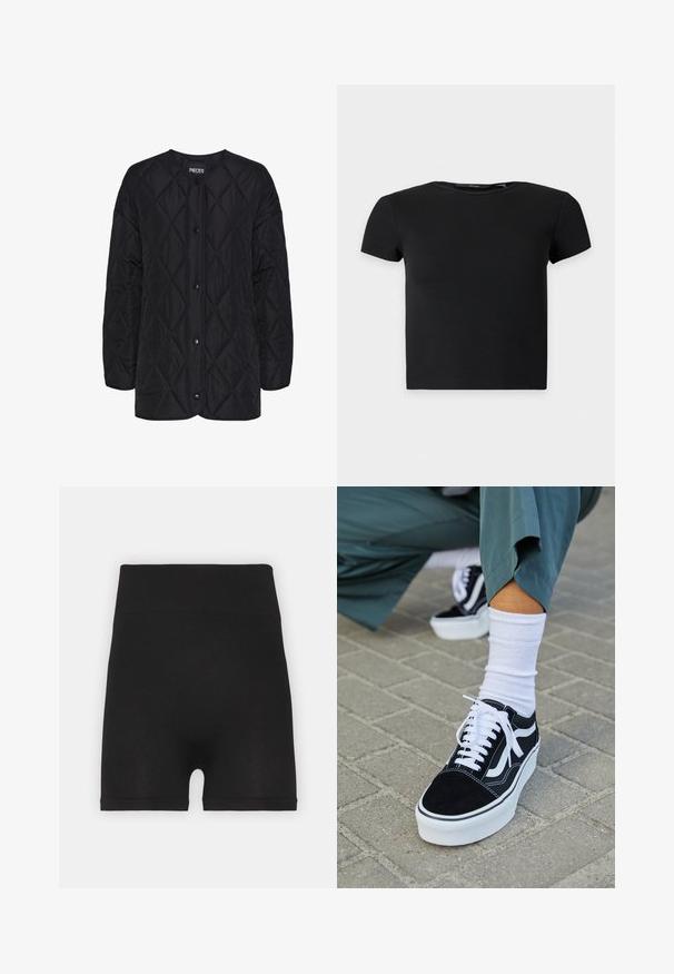 Sort quiltet jakke med rund halsudskæring, frontknaplukninger og diamantmønstret tekstur. Korte ærmer og afslappet pasform.; Sort kortærmet ribbet crop top med rund halsudskæring, vist på en ensfarvet lys baggrund.; Sorte ribbede cykelshorts med høj talje og blød tekstur, der har en glat overflade og ingen synlige sømme.; Sorte ruskinds sneakers med hvide accenter og snørebånd, der har en tyk hvid sål og kontrasterende syninger, parret med en hvid sok.
