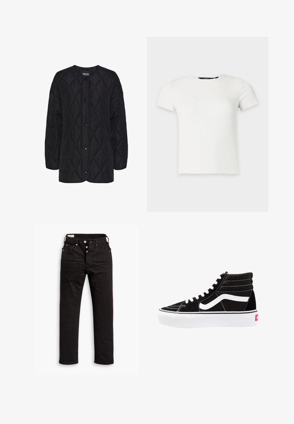 Sort quiltet jakke med rund halsudskæring, frontknaplukninger og diamantmønstret tekstur. Korte ærmer og afslappet pasform.; Hvid kortærmet ribstrikket t-shirt med rund halsudskæring, vist på en ensartet lys grå baggrund.; Sorte lige jeans med knaplukning, front- og baglommer samt kobbernitte detaljer på en hvid baggrund.; Sorte høj-top sneakers med hvide snørebånd, et hvidt logo og kontrasterende hvid syning. Har en tyk hvid sål og struktureret ruskindsoverdel.