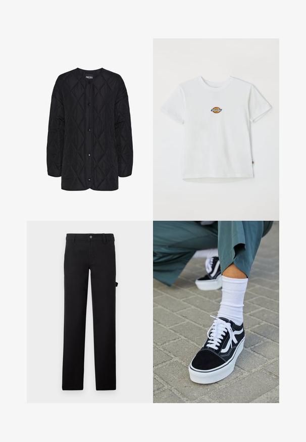 Schwarze gesteppte Jacke mit rundem Ausschnitt, vorderen Druckknopfverschlüssen und einem Rautenmuster. Kurze Ärmel und lockere Passform.; Weißes Baumwoll-T-Shirt mit einem runden Logo und mehrfarbigen Akzenten. Kurze Ärmel und runder Halsausschnitt, mit einem kleinen Etikett am Saum.; Schwarze Hose aus einem glatten Stoff mit geraden Beinen, einem Knopfverschluss und einer Seitenasche.; Schwarze Wildledersneaker mit weißen Akzenten und Schnürsenkeln, ausgestattet mit einer dicken weißen Sohle und kontrastierenden Nähten, kombiniert mit einer weißen Socke.
