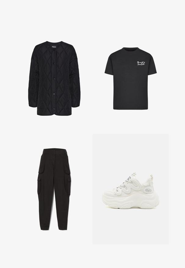 Sort quiltet jakke med rund halsudskæring, frontknaplukninger og diamantmønstret tekstur. Korte ærmer og afslappet pasform.; Sort bomulds T-shirt med rund hals. Har hvid tekst, inklusive japanske tegn og "Slurp Away," på venstre brystområde.; Sorte cargobukser med elastiske manchetter og flere klaplommer på siderne, designet til afslappet eller praktisk brug.; Hvide chunky sneakers med overdel i mesh og syntetisk materiale, buet form, tekstureret sål og fremtrædende snøresystem med logo detaljer.