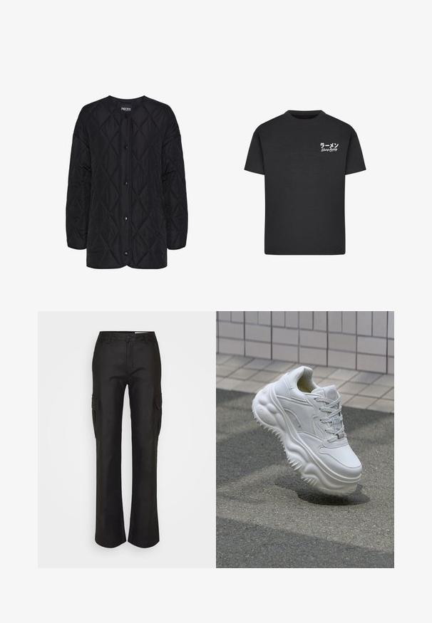 Veste noire matelassée à manches longues avec boutons-pression et motif de couture en losange, sans col, marque Pieces.; T-shirt noir en coton avec un col rond. Présente du texte blanc, y compris des caractères japonais et les mots "Slurp Away" sur la zone gauche de la poitrine.; Pantalons cargo noirs à coupe décontractée, avec des poches latérales, une fermeture à bouton et une texture lisse. Fabriqués en matériau durable.; Baskets blanches en cuir avec une semelle épaisse, des détails texturés et un système de laçage. Présente des accents moulés et une finition lisse.
