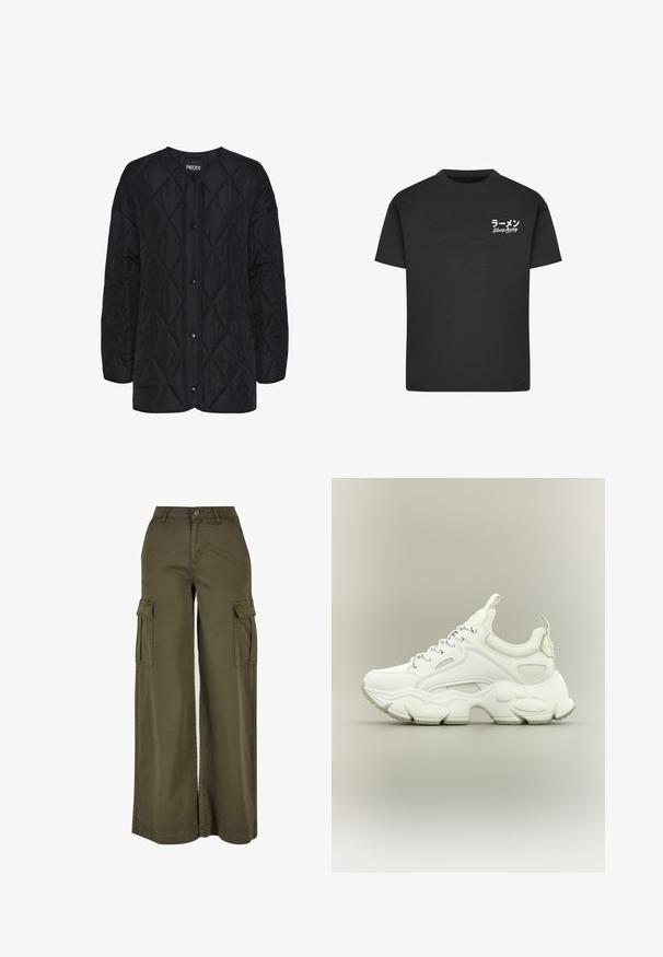 Sort quiltet jakke med rund halsudskæring, frontknaplukninger og diamantmønstret tekstur. Korte ærmer og afslappet pasform.; Sort bomulds T-shirt med rund hals. Har hvid tekst, inklusive japanske tegn og "Slurp Away," på venstre brystområde.; Olivengrønne bredde cargo bukser med to sidelommer, lavet af et blødt, holdbart stof. Har detaljeret syning og en knaplukning.; Hvid chunky sneaker med tyk struktureret sål, mesh- og læderoverdel, snørelukning og trækstropper på tunge og hæl.