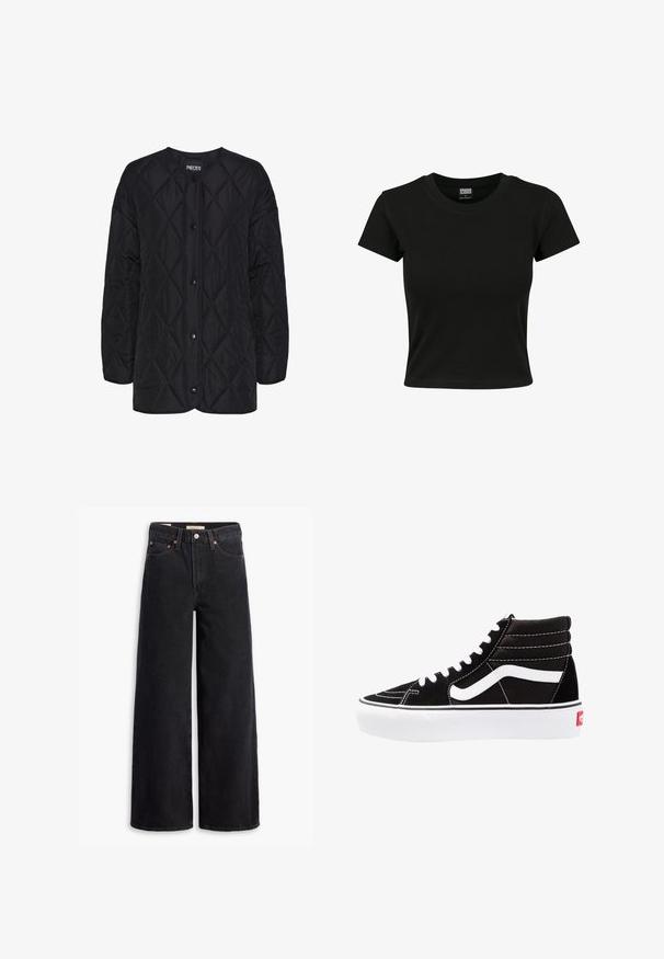 Schwarze gesteppte Jacke mit rundem Ausschnitt, vorderen Druckknopfverschlüssen und einem Rautenmuster. Kurze Ärmel und lockere Passform.; Schwarzes Kurzarm-T-Shirt aus glattem Baumwollmaterial mit rundem Halsausschnitt und taillierter Form. Keine sichtbaren Muster oder Akzente.; Schwarze weite Jeans aus Denim mit fünf Taschen, Kupferrivets und einem klassischen Knopfverschluss. Glatte Textur mit einem klaren Design.; Schwarze High-Top-Sneaker mit weißen Schnürsenkeln, einem weißen Logo und kontrastierendem weißen Nähten. Verfügt über eine dicke weiße Sohle und ein strukturiertes Wildleder-Obermaterial.