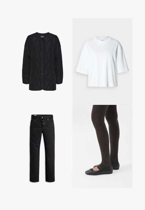 Veste noire matelassée à manches longues avec boutons-pression et motif de couture en losange, sans col, marque Pieces.; T-shirt blanc court à manches courtes, col rond, en coton doux, avec un design simple et épuré.; Jean en denim noir à coupe droite, avec un design à cinq poches et une fermeture éclair à boutons. Présente des rivets en cuivre et des accents de broderie.; Jambes portant des leggings côtelés foncés associés à des ballerines noires avec de petits détails en nœud sur fond blanc.