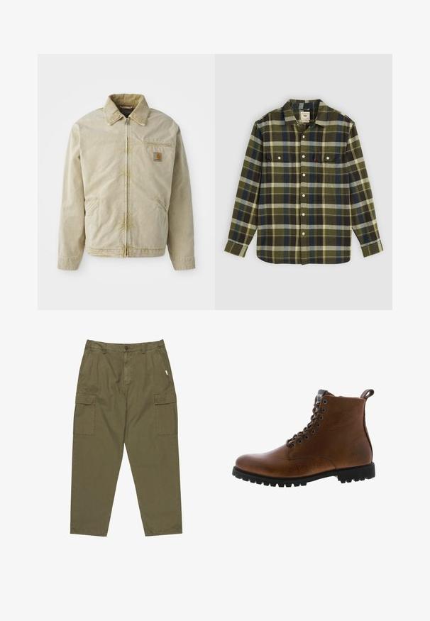 Veste beige avec une fermeture éclair à l'avant, col pointu, poche poitrine et deux poches latérales. Fabriquée dans un tissu texturé avec un léger éclat.; Chemise en flanelle à carreaux verts avec manches longues, dotée de deux poches poitrine et de boutons blancs. Le matériau a une texture douce et un design décontracté.; Pantalons cargo en vert olive en coton, avec un bouton à l'avant, des poches latérales et deux grandes poches cargo sur les cuisses.; Bottines en cuir marron avec une finition texturée, œillets en métal et semelle en caoutchouc noir à crampons. Comprend une languette à l'arrière pour un enfilage facile.