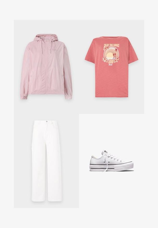 Veste coupe-vent rose pâle avec capuche, dotée d'une fermeture éclair à l'avant, de poignets élastiques et de poches latérales. Le matériau présente un léger motif à carreaux.; T-shirt en coton rose à manches courtes. Présente un motif de coucher de soleil avec des rayures, des palmiers et des fleurs. Design à col rond.; Pantalons en denim blanc avec un design à jambes larges, style classique à cinq poches et surface unie sans motifs ni embellissements.; Baskets basses en toile blanche avec lacets blancs, semelle en caoutchouc, détails à rayures noires, et écusson logo sur la languette et le talon.