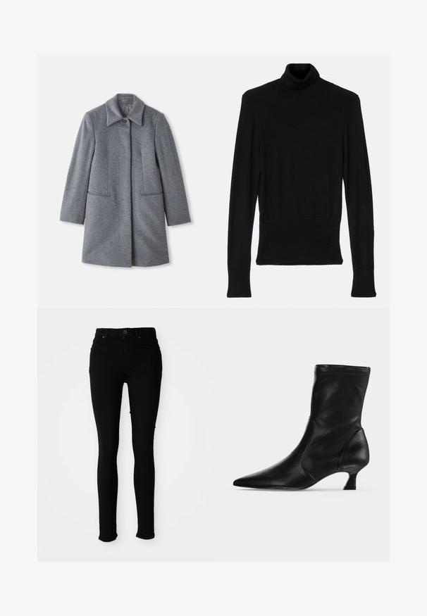 Grå uld midt-længde frakke med en bred krave, en synlig knap og to vandret frontlommer, præsenteret på en hvid baggrund.; AERON TENDER LONG SLEEVED - Striktrøje - black; Sorte skinny jeans lavet af denim med en glat tekstur, der har knaplukning, bæltestropper og ingen synlige slidtegn.; Sort læderstøvle til midt på læggen med spids tå og lav kittenhæl, vist fra siden på en ensartet lys baggrund.