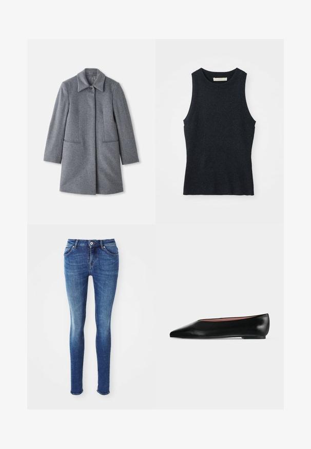 Abrigo de lana gris de longitud media con un amplio cuello, un solo botón visible y dos bolsillos frontales horizontales, exhibido sobre un fondo blanco.; Top sin mangas de punto en gris oscuro con cuello redondo, colocado sobre un fondo blanco.; Jeans ajustados de mezclilla azul con una textura suave, cintura de altura media, cinco bolsillos y un leve desgaste en los muslos. Presenta botón de metal y cremallera.; Zapato plano negro de cuero para mujer con punta puntiaguda y tacón bajo, mostrado de lado sobre un fondo liso gris claro.