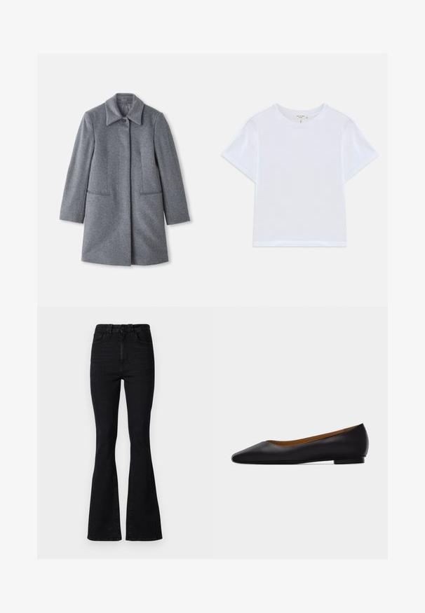 Grau wollener Mantel in mittellanger Form mit breitem Kragen, einem sichtbaren Knopf und zwei horizontalen vorderen Taschen, präsentiert auf einem weißen Hintergrund.; Weißes, kürzer geschnittenes T-Shirt aus weicher Baumwolle mit Rundhalsausschnitt und kurzen Ärmeln in einem leicht lässigen Schnitt. Keine Muster oder Akzente.; Schwarze Schlagjeans mit hoher Taille, aus Denim. Merkmale sind ein Knopfverschluss, ein Fünf-Taschen-Design und eine glatte Textur.; Schwarzer flacher Schuh aus Leder mit spitz zulaufender Vorderkappe, niedrigem Absatz und glatter Oberfläche, von der Seite vor einem hellgrauen Hintergrund dargestellt.