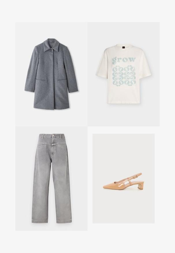Abrigo de lana gris de longitud media con un amplio cuello, un solo botón visible y dos bolsillos frontales horizontales, exhibido sobre un fondo blanco.; Camiseta blanca de manga corta con texto en azul claro "grow" y patrones decorativos abstractos debajo en la parte delantera.; Jeans de mezclilla gris de talle alto y pierna ancha con bolsillos frontales, trabillas para cinturón, cierre de botón y detalles de costuras visibles.; Zapato slingback beige brillante con tacón bajo ancho, punta afilada y correa lateral ajustable con hebilla sobre un fondo liso.