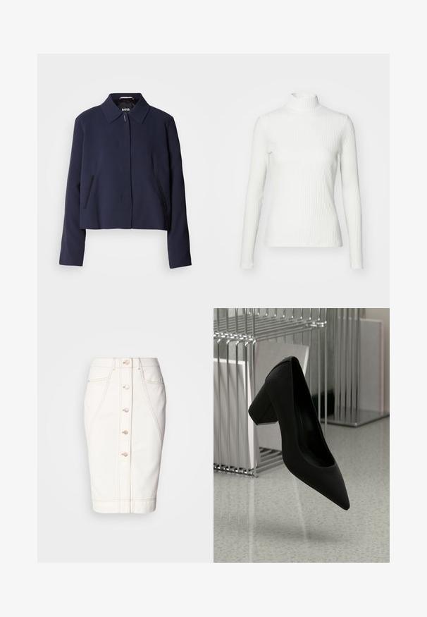 Marineblaues cropped Jacket mit spitzem Kragen, vorderem Knopfverschluss, seitlichen Taschen und glatter Stoffoberfläche. Logo innen sichtbar.; Weißes geripptes Turtleneck-Oberteil mit langen Ärmeln, aus elastischem Stoff. Verfügt über ein enganliegendes Design und einen hohen Kragen für zusätzlichen Schutz.; Weißer Denimrock mit einer Knopfleiste vorne, sichtbaren Nähten und einem Bleistiftschnitt. Keine Taschen sichtbar. Glatte Textur.; Schwarzer High-Heel-Schuh mit spitzem Zehenbereich und blockiertem Absatz, aus strukturiertem Leder, über einem glatten Boden schwebend.