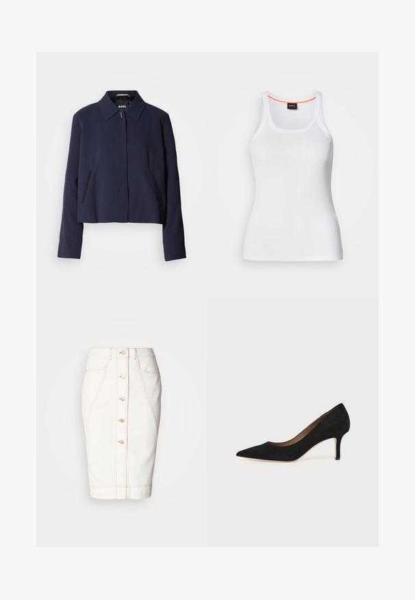 Marineblaues cropped Jacket mit spitzem Kragen, vorderem Knopfverschluss, seitlichen Taschen und glatter Stoffoberfläche. Logo innen sichtbar.; Weißes, geripptes Tanktop mit rundem Ausschnitt, das ein schmales Trägerdesign und einen orangefarbenen Akzent entlang des inneren Ausschnitts aufweist. Markenlogo sichtbar.; Weißer Denimrock mit einer Knopfleiste vorne, sichtbaren Nähten und einem Bleistiftschnitt. Keine Taschen sichtbar. Glatte Textur.; Schwarzer Wildleder-Pumps mit spitzer Schuhspitze, schlankem mittelhohem Stiletto-Absatz und tiefem Ausschnitt auf einfachem Hintergrund.