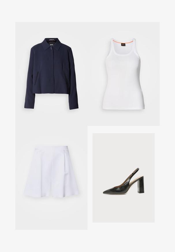 Marineblaues cropped Jacket mit spitzem Kragen, vorderem Knopfverschluss, seitlichen Taschen und glatter Stoffoberfläche. Logo innen sichtbar.; Weißes, geripptes Tanktop mit rundem Ausschnitt, das ein schmales Trägerdesign und einen orangefarbenen Akzent entlang des inneren Ausschnitts aufweist. Markenlogo sichtbar.; Weiße taillierte Shorts mit hoher Taille, Falten und glatter Textur, die eine strukturierte, moderne Silhouette bieten.; Schwarzer Leder-Damenslingback-Pumps mit spitzer Zehenpartie und dickem hohem Blockabsatz auf weißem Hintergrund.