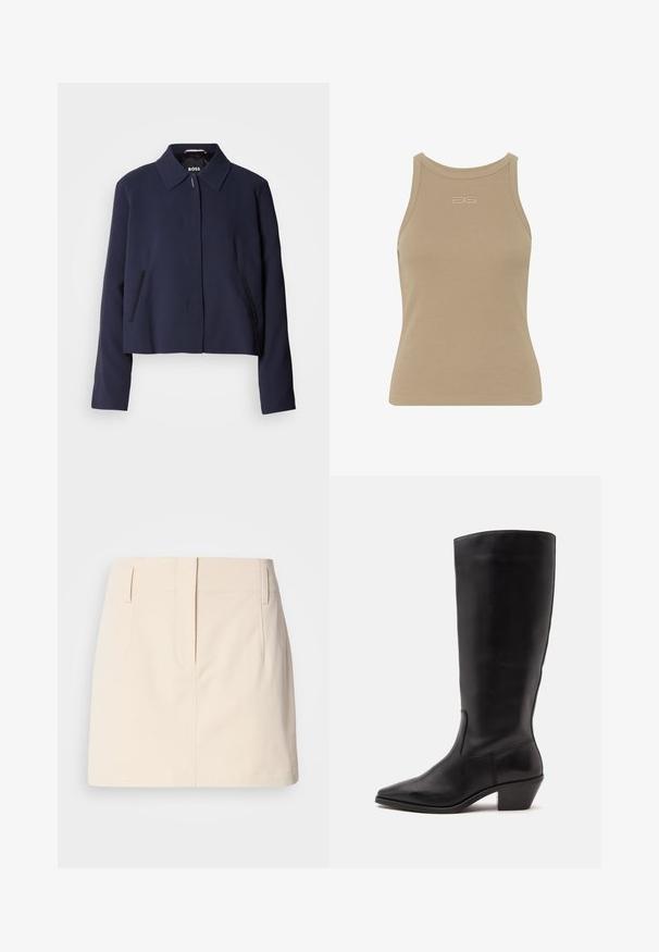 Marineblaues cropped Jacket mit spitzem Kragen, vorderem Knopfverschluss, seitlichen Taschen und glatter Stoffoberfläche. Logo innen sichtbar.; Beige gerippter Tanktop mit rundem Ausschnitt, ärmellosem Design und kleinem geprägtem Logo in der Mitte der Vorderseite. Weiche Stoffstruktur.; Calvin Klein Jeans SKIRT - A-Linien-Rock - fog; Schwarzer Lederstiefel bis zur Wade mit spitzer Spitze und niedrigem schrägem Absatz vor einfachem hellem Hintergrund.