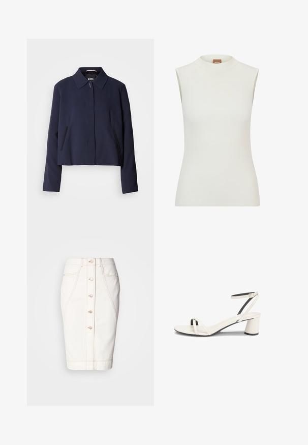 Marineblaues cropped Jacket mit spitzem Kragen, vorderem Knopfverschluss, seitlichen Taschen und glatter Stoffoberfläche. Logo innen sichtbar.; Weißes, ärmelloses Oberteil mit hohem Kragen, das eine gerippte Textur und eine figurbetonte Passform aufweist. Das Markenlabel "BOSS" ist am Kragen sichtbar.; Weißer Denimrock mit einer Knopfleiste vorne, sichtbaren Nähten und einem Bleistiftschnitt. Keine Taschen sichtbar. Glatte Textur.; Weiße Sandale mit offenem Zehenbereich, niedrigem Blockabsatz, dünnem vorderen Riemen und Knöchelriemen mit goldener Schnalle, seitlich auf weißem Hintergrund gesehen.