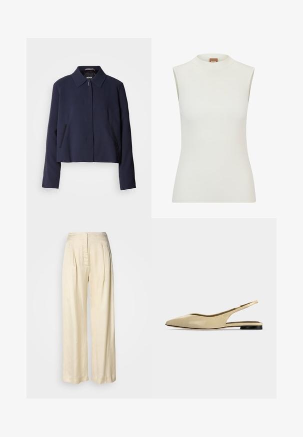 Navyblauwe cropped jas met een puntige kraag, een sluiting met knopen aan de voorkant, zijzakken en een gladde stofafwerking. Logo zichtbaar aan de binnenkant.; Witte, mouwloze top met een hoge halslijn, met een geribbeld textuur en een getailleerd ontwerp. Merkenlabel "BOSS" zichtbaar op de kraag.; Crèmekleurige zijden broek met hoge taille, plooien, brede pijpen en een verborgen rits aan de voorkant, afgebeeld tegen een effen witte achtergrond.; Beige platte slingback schoen met puntige neus, lage zwarte hak en een glad leren afwerking, zijaanzicht op een effen achtergrond.
