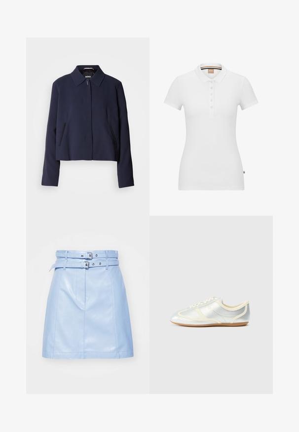 Marineblå cropped jakke med spidse kraver, frontlukning med knapper, sidelommer og en glat stoffinish. Logo vist indeni.; Hvid polo shirt lavet af bomuld, der har korte ærmer, en krave og en knaplukning. Diskret mærke-logo broderet på brystet.; Lyseblå læder-mini skirt med dobbelt bælte detaljer, frontlommer og glat tekstur. Har sølvfarvet hardware og rene linjer.; Sølvfarvede syntetiske sneakers med cremefarvede detaljer, lav profil, rundet snude og flad gummisål; har klassiske syninger og snørelukning.
