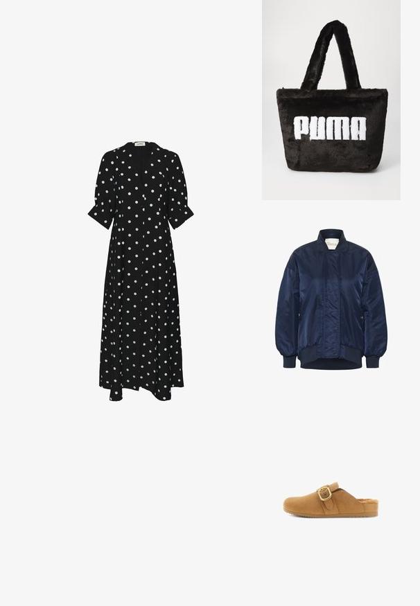 Chaqueta bomber de marina, tejido brillante, puños y dobladillo acanalados, cierre frontal a presión, bolsillos laterales, detalle acolchado en el cuerpo.; Vestido largo negro con lunares blancos, escote en V, cierre de botones en el frente, mangas cortas enrolladas y tela fluida.; Zapato marrón de ante tipo slip-on con suela plana, con detalle de hebilla lateral y forro de piel sintética texturizada. Punta redondeada y acabado liso.; Bolso tote de piel sintética negra con textura suave, que presenta un destacado logo blanco de "PUMA" en la parte frontal y asas de doble tela.