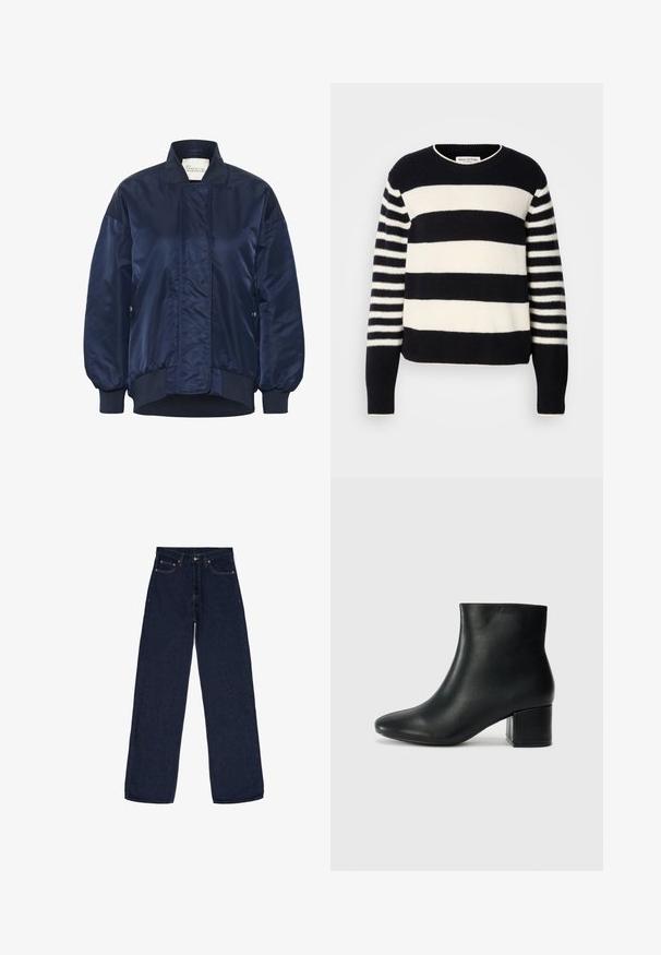 Marine bomberjack, glanzende stof, ribgebreide manchetten en zoom, voorste drukknoopsluiting, zijzakken, geborduurde details op het lichaam.; Marineblauwe en crèmekleurige gestreepte trui met een ronde hals, voorzien van een dikke horizontale patroon en dunne verticale strepen op de mouwen.; Donkerblauwe wijde spijkerbroek gemaakt van denim. Kenmerken zijn een knoopsluiting, vijf zakken en subtiele stikseldetails. Gladde textuur.; Zwarte leren enkellaarzen met een spitse neus en een chunky hak. Gladde textuur met minimale accenten en een slank, strakk ontwerp.