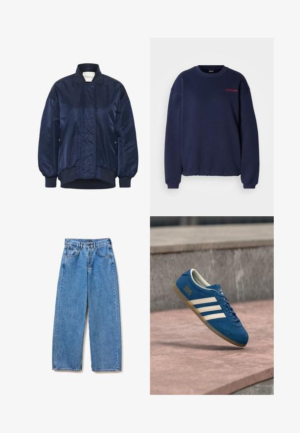 Chaqueta bomber de marina, tejido brillante, puños y dobladillo acanalados, cierre frontal a presión, bolsillos laterales, detalle acolchado en el cuerpo.; Sudadera azul marino hecha de mezcla de algodón, con escote redondo, mangas largas y un pequeño logo rojo "sporty core" impreso en la parte delantera.; Vaqueros azules de talle alto con pierna ancha, bolsillos frontales, trabillas para cinturón, cierre de botones y diseño clásico de cinco bolsillos, extendidos sobre un fondo blanco.; Zapatilla de gamuza azul con rayas y cordones crema, suela de goma color miel, superficie texturizada, puntera redondeada y marca lateral.