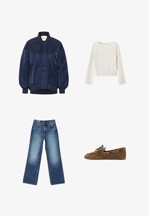 Marine bomberjack, glanzende stof, ribgebreide manchetten en zoom, voorste drukknoopsluiting, zijzakken, geborduurde details op het lichaam.; Off-white trui met lange mouwen, brede ronde halslijn en licht uitlopende mouwen, gemaakt van zachte gebreide stof.; Blauwe denim jeans met wijde pijpen, voorzakken en muntzakje, knoopsluiting en een vervaagde wassing op de dijen en knieën.; Bruine suède mocassin loafer met strikdetail, gouden oogjes en gestikte rand, zijaanzicht tegen een witte achtergrond.