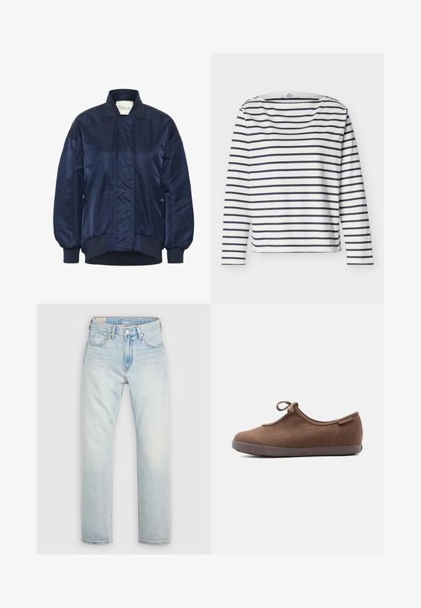 Chaqueta bomber de marina, tejido brillante, puños y dobladillo acanalados, cierre frontal a presión, bolsillos laterales, detalle acolchado en el cuerpo.; Top blanco de manga larga con rayas horizontales negras y un escote ancho, hecho de tela suave.; Vaqueros de mezclilla azul claro con diseño de pierna recta, estilo de cinco bolsillos y un acabado ligeramente desteñido. Cierre con botón y cremallera.; Zapato marrón tipo slip-on con punta redondeada, parte superior de tela suave, suela delgada y un pequeño lazo atado cerca de la abertura.