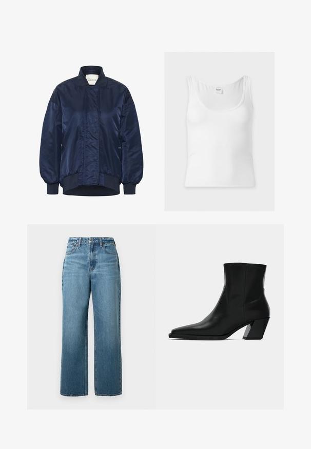 Marine bomberjack, glanzende stof, ribgebreide manchetten en zoom, voorste drukknoopsluiting, zijzakken, geborduurde details op het lichaam.; Witte geribbelde mouwloze tanktop met ronde halslijn en Hollister merklabel aan de achterkant van de kraag.; Lichtblauwe rechte jeans van denim, met een standaard tailleband, vijf zakken en subtiele vervaging. Geen opvallende patronen of accenten.; Zwarte leren enkelboot met een spitse neus, een slanke silhoeet en een chunky vierkante hak. Gladde textuur met minimale stikdetails.