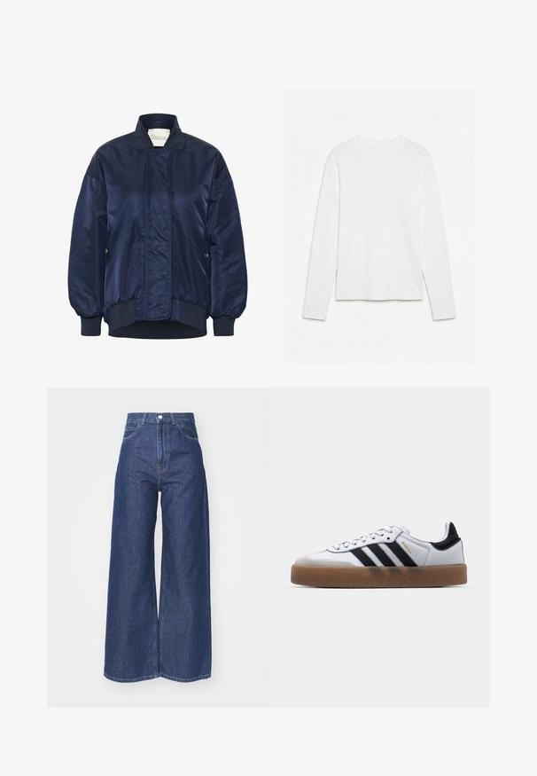 Chaqueta bomber de marina, tejido brillante, puños y dobladillo acanalados, cierre frontal a presión, bolsillos laterales, detalle acolchado en el cuerpo.; Camiseta blanca lisa de manga larga con cuello redondo, extendida sobre una superficie blanca, mostrando el frente y la longitud completa de la manga.; Jeans de pierna ancha hechos de denim azul oscuro. Diseño de altura alta con cremallera y cierre de botón. Cuenta con el estilo clásico de cinco bolsillos y bordes rematados.; Zapatillas de cuero blancas con rayas negras, suela de goma, puntera redonda, cierre de cordones y caperuza de ante gris suave.
