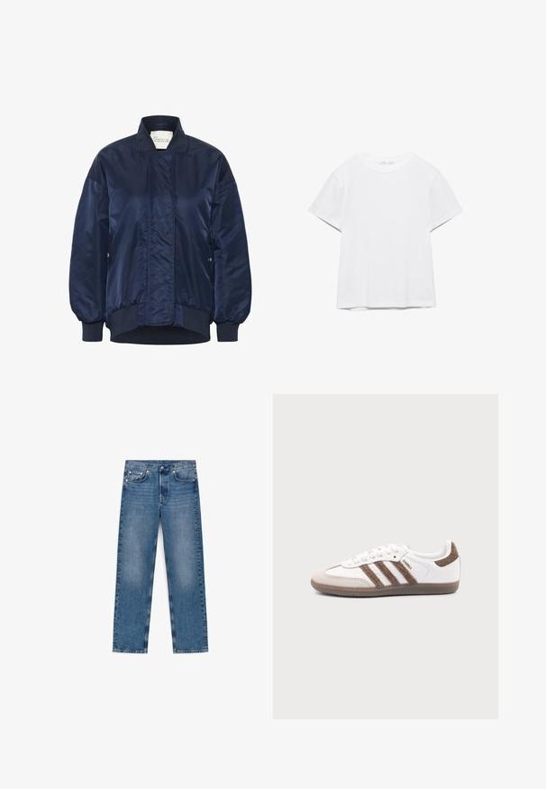 Marine bomberjack, glanzende stof, ribgebreide manchetten en zoom, voorste drukknoopsluiting, zijzakken, geborduurde details op het lichaam.; Effen wit T-shirt met korte mouwen en ronde hals, met een rechte zoom, gepresenteerd tegen een witte achtergrond.; Blauwe denim jeans met rechte pijpen, voorste knoop en ritssluiting, vijf zakken en lichte vervaging op dijen en knieën.; Witte Adidas Samba sneaker met bruine suède strepen, bruine rubberen zool en beige suède neuskap, getoond vanaf de buitenkant op een effen achtergrond.