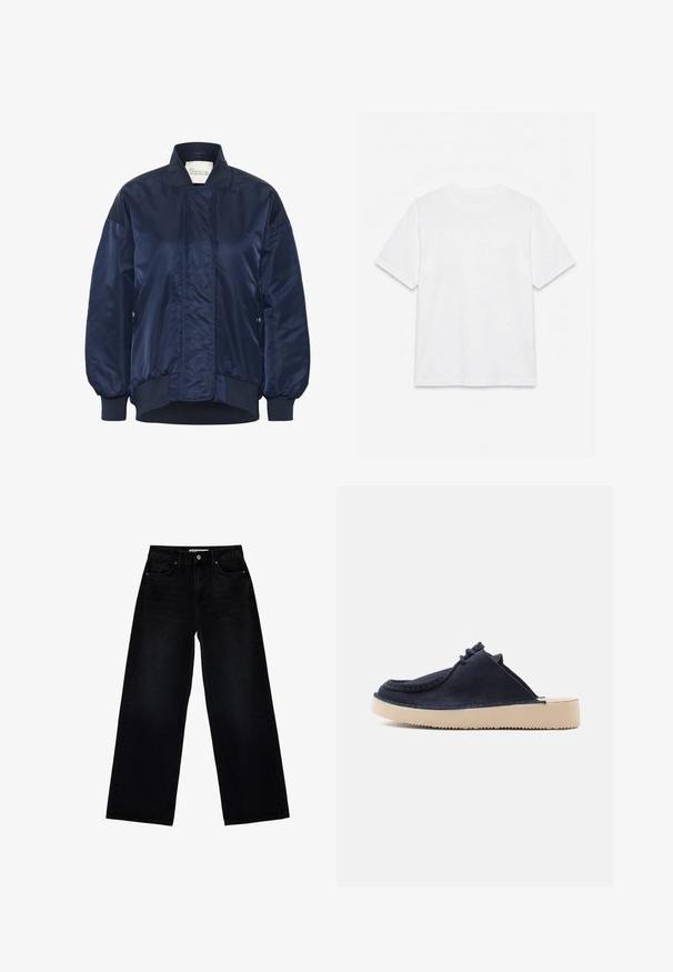 Chaqueta bomber de marina, tejido brillante, puños y dobladillo acanalados, cierre frontal a presión, bolsillos laterales, detalle acolchado en el cuerpo.; Camiseta blanca lisa de manga corta con cuello redondo, colocada plana sobre un fondo blanco.; Vaqueros negros de talle alto y pierna ancha con bolsillos delanteros y traseros, cierre de botones y trabillas para cinturón, extendidos sobre fondo blanco.; Mula de ante azul marino sin cordones con costura estilo mocasín, detalle de cordones en la parte superior y suela de goma beige, vista lateral sobre fondo blanco.