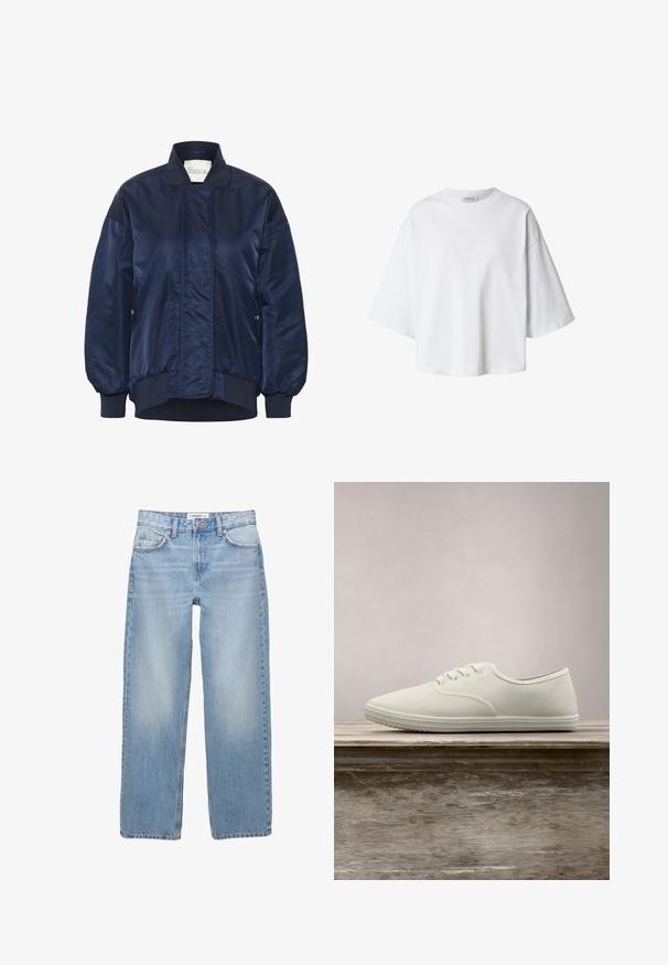 Marine bomberjack, glanzende stof, ribgebreide manchetten en zoom, voorste drukknoopsluiting, zijzakken, geborduurde details op het lichaam.; Witte oversized T-shirt met korte mouwen, ronde hals en losse pasvorm, weergegeven op een eenvoudige achtergrond.; Lichtblauwe denim jeans met een recht model, vijf zakken en zichtbare stiksels. De stof heeft een zachte, iets vervaagde textuur.; Witte canvas sneakers met een ronde neus, zes veterogen en een gestructureerde rubberen zool, zwevend boven een houten oppervlak met groene gras op de achtergrond.
