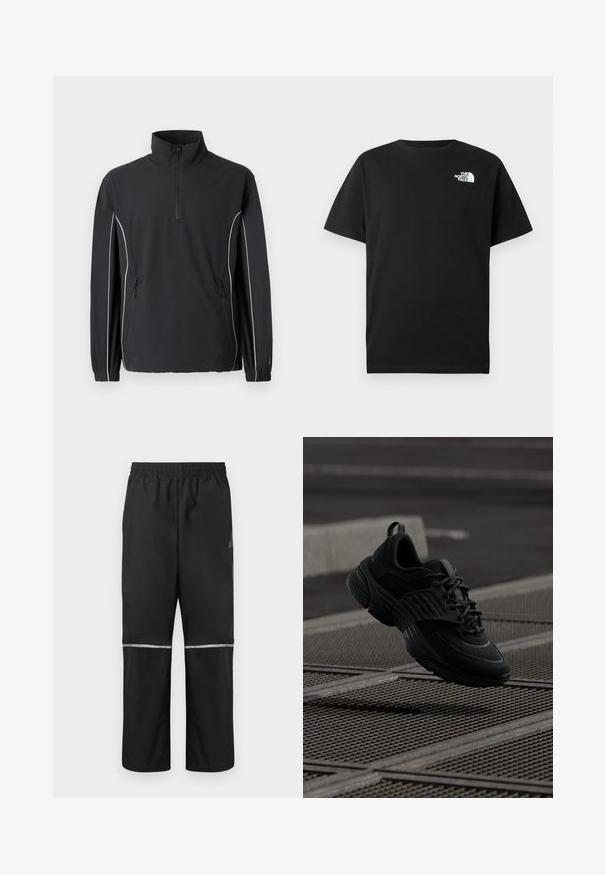 New Balance UTILITY JACKET - Leichte Jacke - black; Schwarzes Baumwoll-T-Shirt mit kurzen Ärmeln, Rundhalsausschnitt und weißem Logo auf der linken Brust. Einfaches, schmuckloses Design.; Schwarze, leichte, wasserdichte Hose mit elastischem Bund und reflektierenden horizontalen Streifen oberhalb der Knie, speziell für Outdoor-Aktivitäten entwickelt.; Schwarze Sportschuhe mit einem strukturierten Mesh-Obermaterial und Gummisohle, die eine dicke Silhouette und ein Schnürsystem für einen sicheren Sitz bieten.