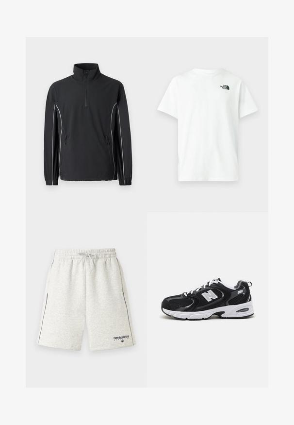 New Balance UTILITY JACKET - Letná bunda - black; Biele bavlnené tričko s krátkymi rukávmi a okrúhlym výstrihom, so malým čiernym logom The North Face na ľavej strane hrude.; Svetlosivé športové šortky s elastickým pásom, šnúrkou, bočnými vreckami, námorníckym lemovaním a logom „new balance athletics“ na ľavej nohe.; Čierne a šedé športové topánky s hornou časťou z mikrovlákna a zamatu, s bielou medzipodrážkou, šnúrkami a výrazným logom "N" na boku.