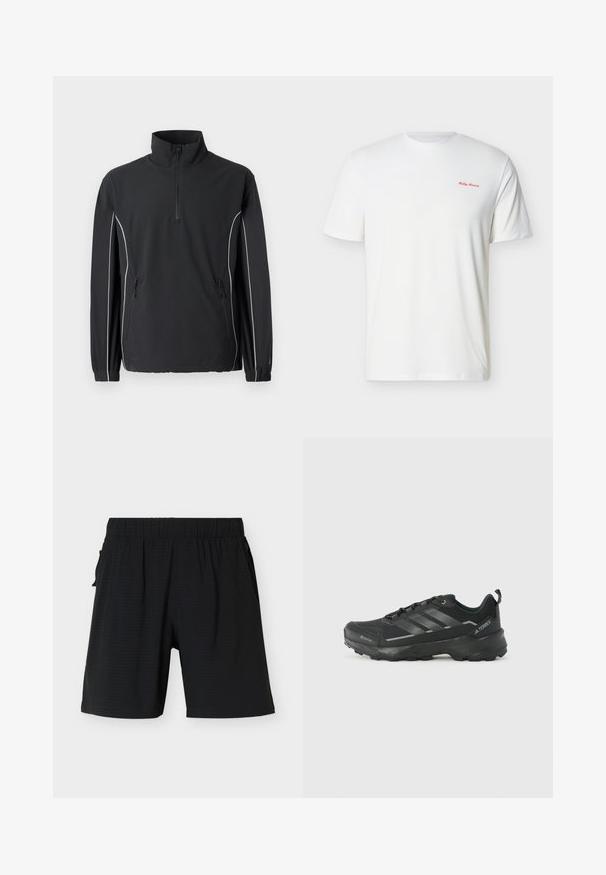 New Balance UTILITY JACKET - Leichte Jacke - black; Weißes T-Shirt mit kurzen Ärmeln und Rundhalsausschnitt, mit kleinem roten "Helly Hansen"-Logo auf der oberen linken Brust.; Schwarze kniehohe Shorts mit elastischem Bund und Seitentaschen, dargestellt vor einem schlichten hellen Hintergrund.; Schwarzer Sportschuh mit einem strukturierten Obermaterial aus Stoff, drei silbernen Streifen, verstärkter Zehenpartie und einer robusten Gummisohle für besten Halt.