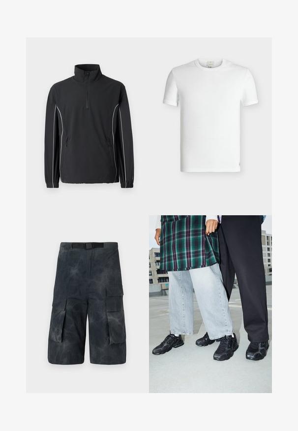 New Balance UTILITY JACKET - Leichte Jacke - black; Schlichtes weißes kurzärmeliges, geripptes Baumwoll-T-Shirt mit Rundhalsausschnitt und einem kleinen eingenähten Etikett nahe dem unteren Saum.; Dunkelgraue Cargo-Shorts mit Seitentaschen und einem integrierten schwarzen Gürtel, mit leicht zerknitterter Textur.; Schwarze Sportschuhe mit Mesh- und Gummielementen. Kombiniert mit hellgrauen weiten Jeans und einem karierten grünen Oberteil. Flacher Hintergrund.