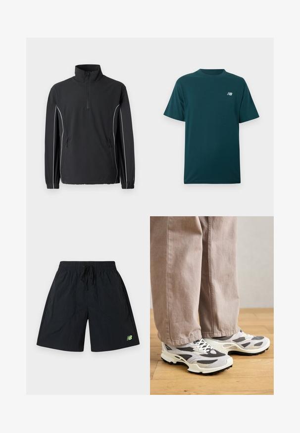 New Balance UTILITY JACKET - Leichte Jacke - black; Dunkeltealfarbenes T-Shirt mit kurzen Ärmeln und Rundhalsausschnitt, mit einem kleinen weißen New Balance-Logo auf der linken Brust.; Schwarze Sportshorts mit elastischem Bund und Kordelzug, versehen mit einem kleinen grünen New Balance-Logo am unteren linken Bein.; Person, der beiger weit geschnittener Hose und grau-weißen Sneakern steht auf einem Holzboden.