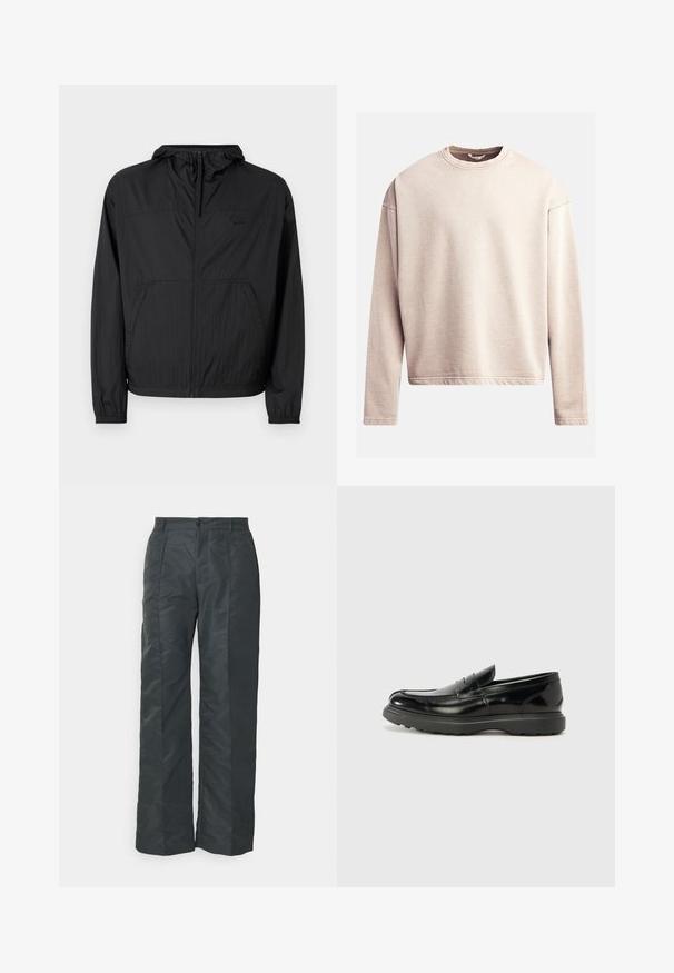 Sort letvægtsjakke med hætte, fuld lynlås, elastiske manchetter og sidelommer. Har et diskret logo på brystet. Tekstureret stof.; Lysbeige sweatshirt med rund halsudskæring, lange ærmer og afslappet pasform. Glat stof med synlige syninger langs kanten og ærmernes afslutninger.; Mørkegrå bukser lavet af et glat, skinnende stof. Har en lige pasform, frontfald og en enkelt knaplukning i taljen.; Sort læderloafer med en blank finish, rund tå, subtile syninger og en tyk gummisål for holdbarhed.